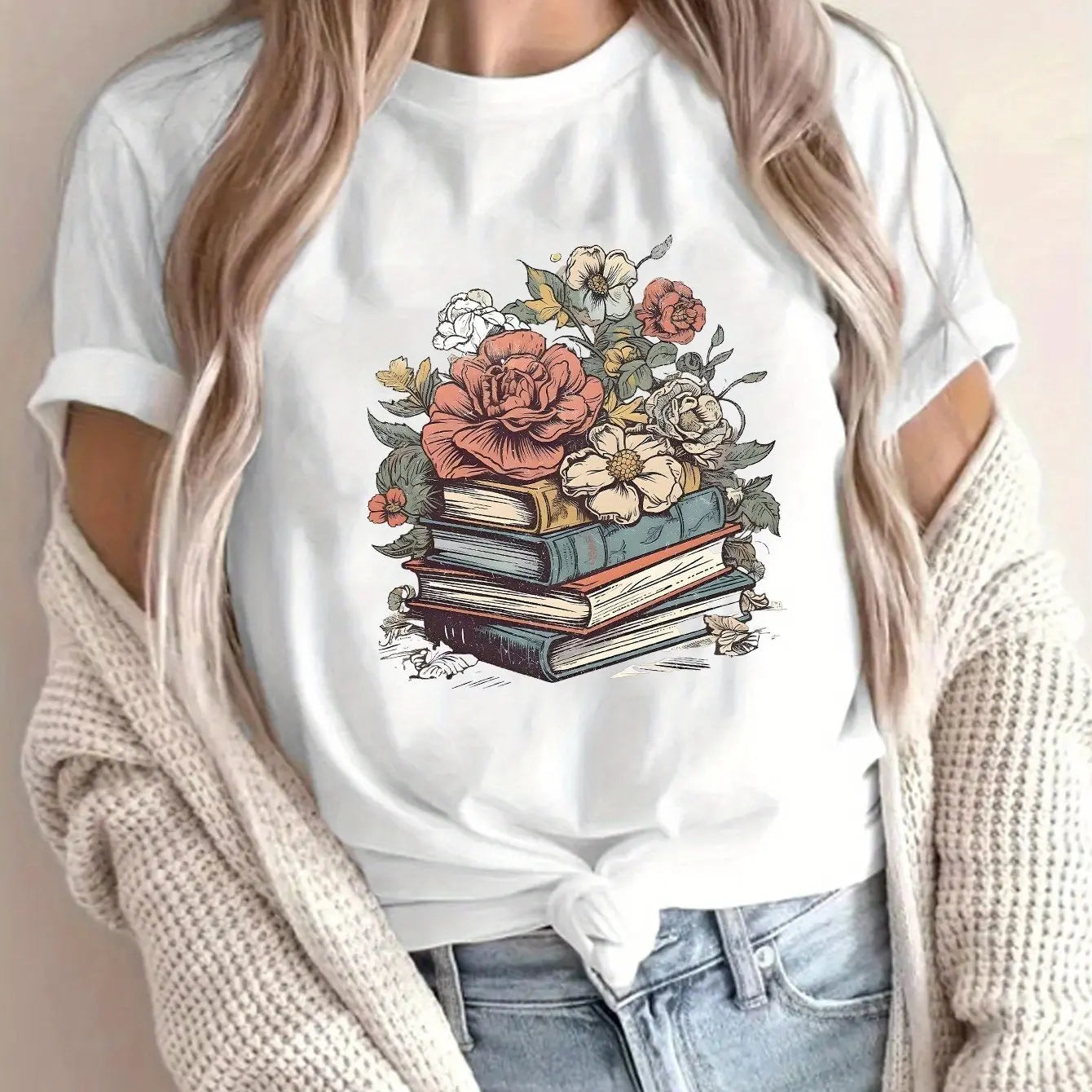 Floral Book Stack T-Shirt for Book Lovers