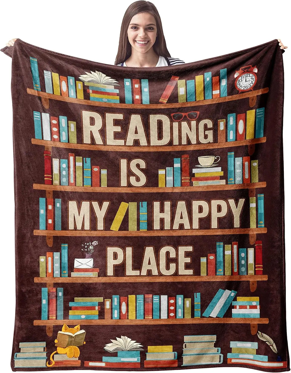 Cozy Book Lover Blanket – “Reading Is My Happy Place” Throw