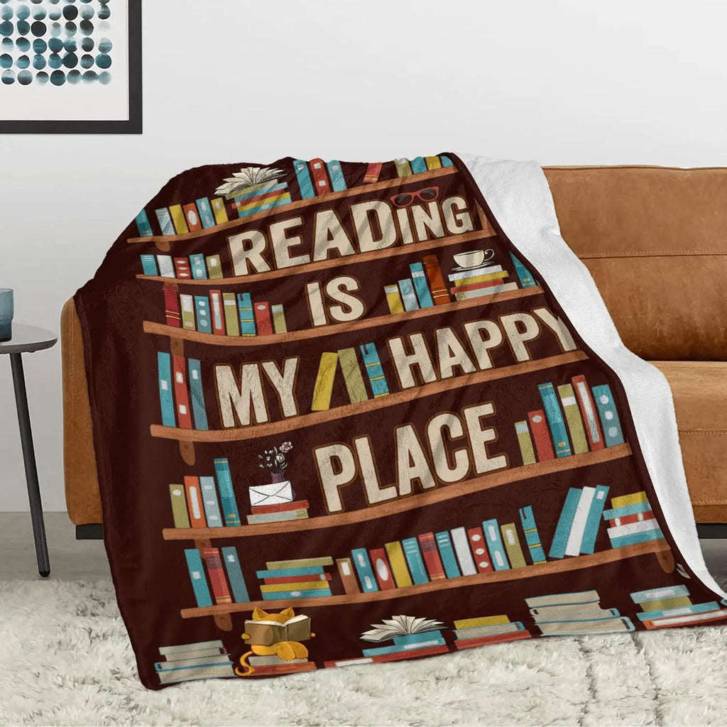 Cozy Book Lover Blanket – “Reading Is My Happy Place” Throw