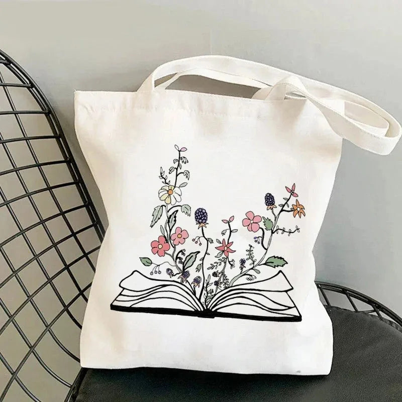 Book Lover Floral Canvas Tote Bag