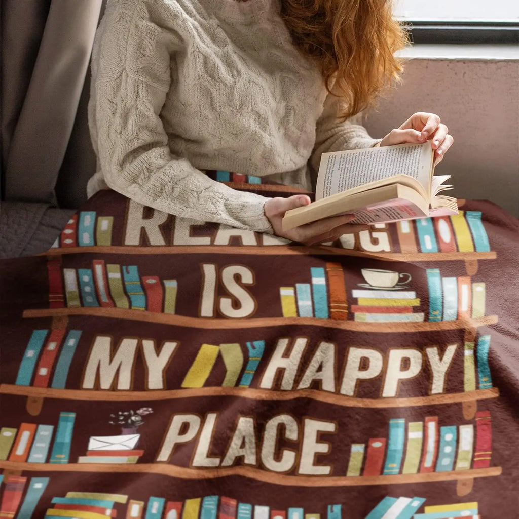 Cozy Book Lover Blanket – “Reading Is My Happy Place” Throw