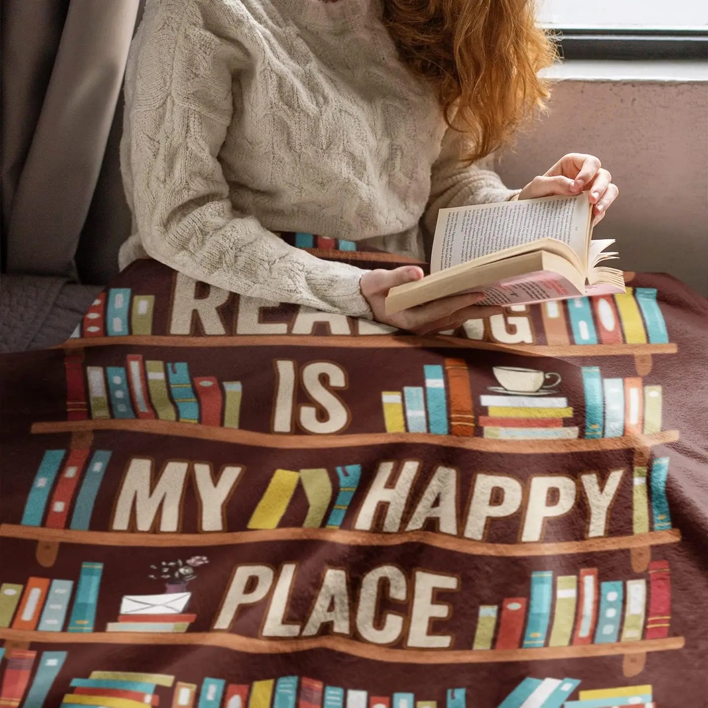 Cozy Book Lover Blanket – “Reading Is My Happy Place” Throw