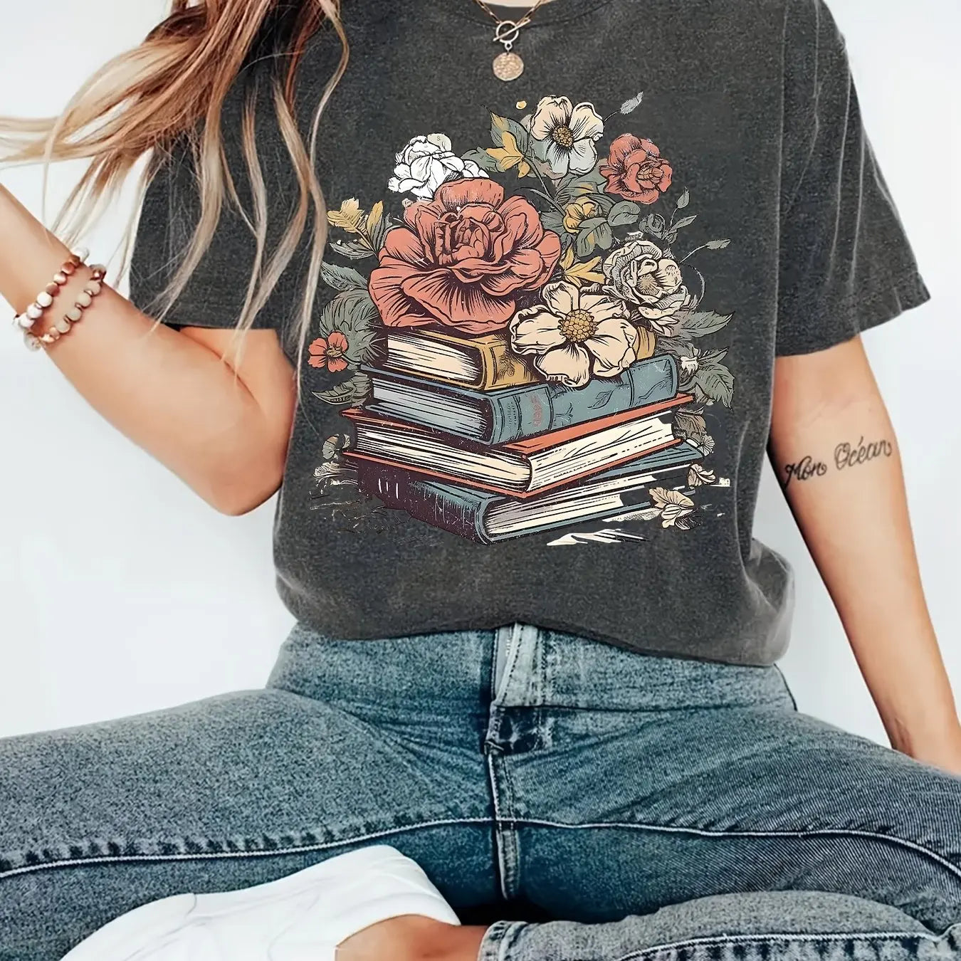 Floral Book Stack T-Shirt for Book Lovers