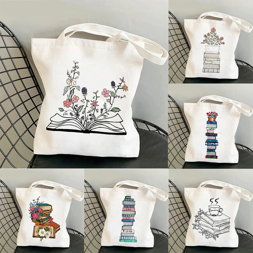 Book Lover Floral Canvas Tote Bag